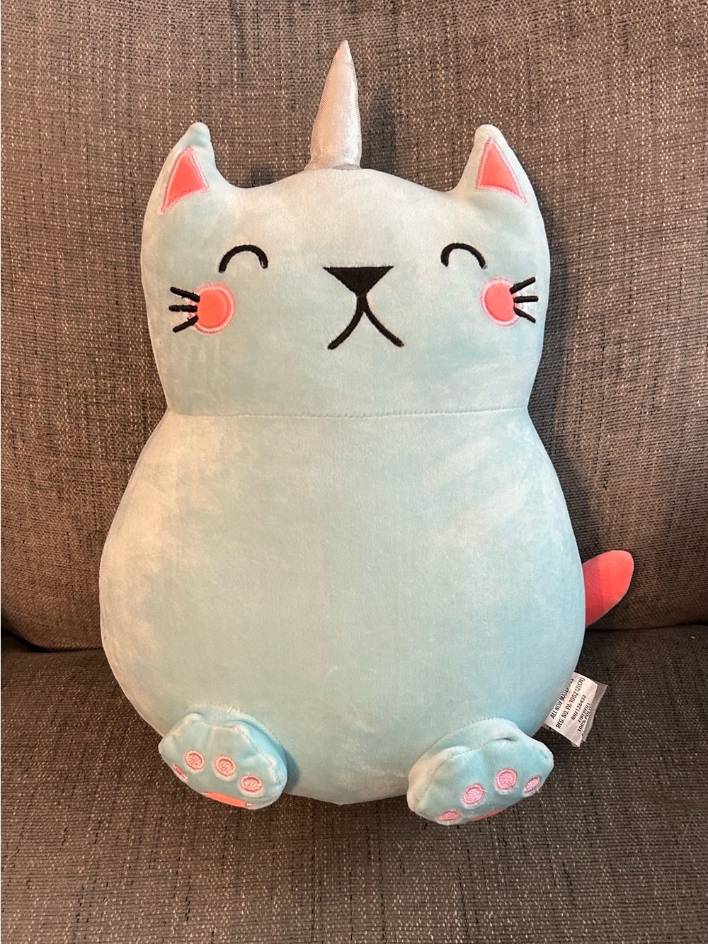 Tiny Dreamers Mint Plush Cat Unicorn Pillow with Pink Accents